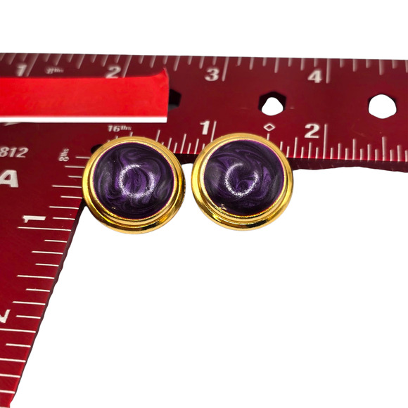 Earrings Purple Enamel Gold Tone Studs Round Domed Post Thin Metal SKU2394 - Picture 3 of 5